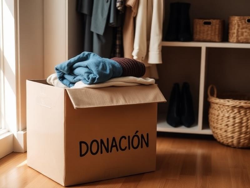 Caja de donación con ropa junto a armario