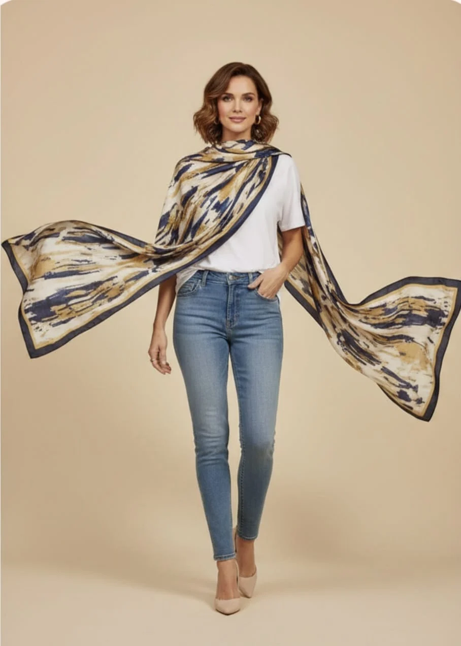 Camiseta blanca y vaqueros con pañuelo de seda estampado en azul y dorado
