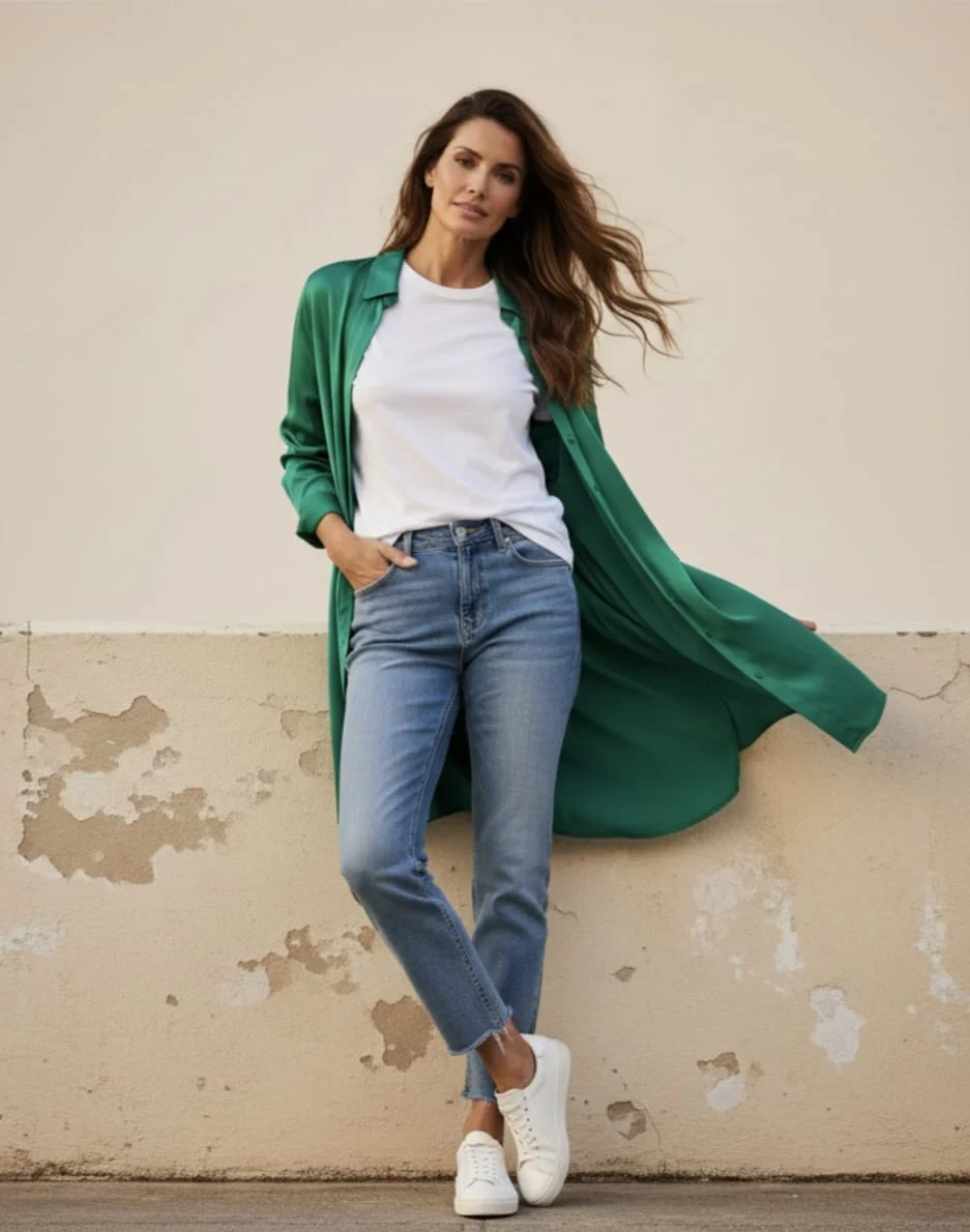 Camiseta blanca y vaqueros con abrigo largo verde esmeralda y zapatillas blancas