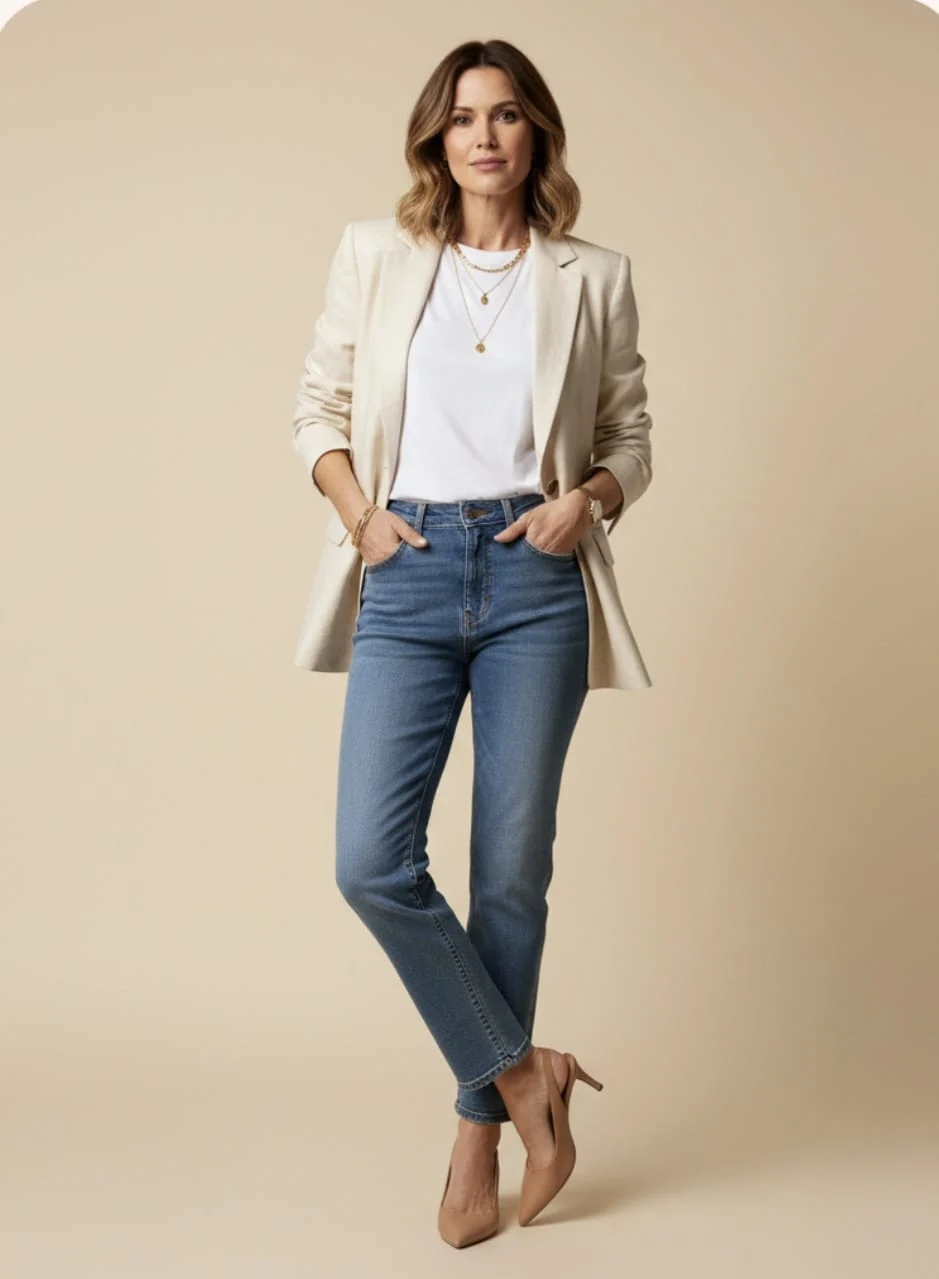 Camiseta blanca y vaqueros con blazer beige de lino y tacones nude