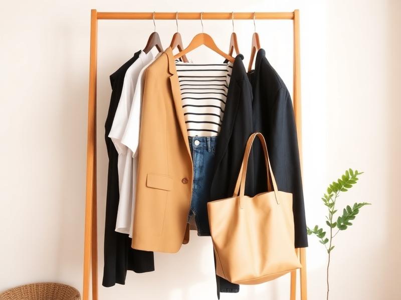 Perchero con camisa blanca, blazer camel y vaqueros