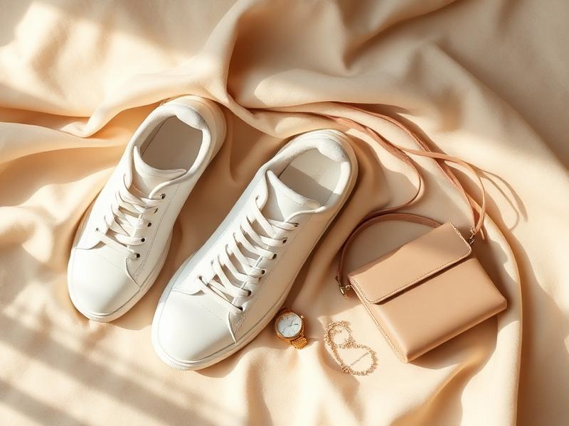 Accesorios neutros: zapatillas blancas, reloj y bolso